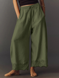 Lace-Trim Wide-Leg Casual Pants