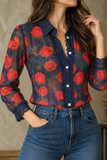 Sheer Floral Lace Trim Button-Front Blouse
