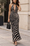 Zebra Print Halter Tie-Neck Maxi Dress