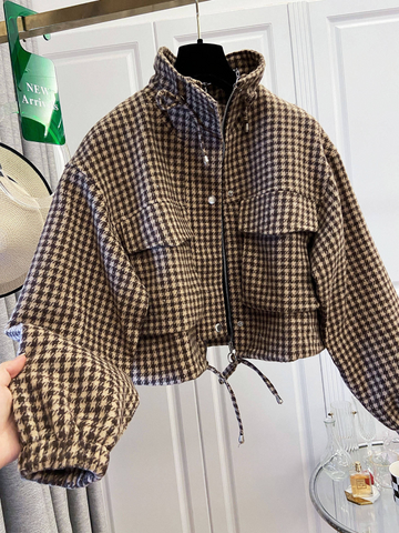 Houndstooth Zip-Up Crop Jacket