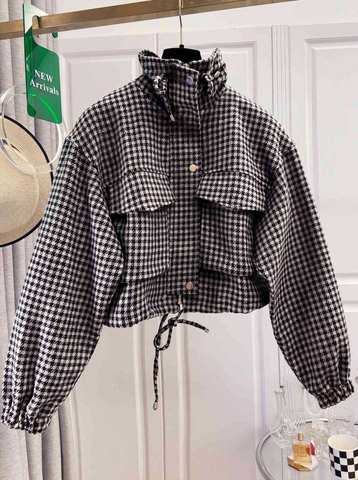 Houndstooth Zip-Up Crop Jacket
