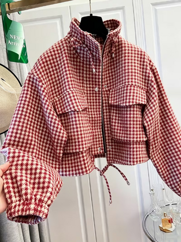 Houndstooth Zip-Up Crop Jacket