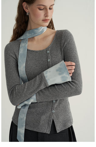 Ribbed Cardigan with Tie-Sleeve Detail