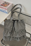 Gingham Ruffle Drawstring Tote Bag