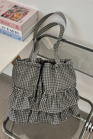 Gingham Ruffle Drawstring Tote Bag