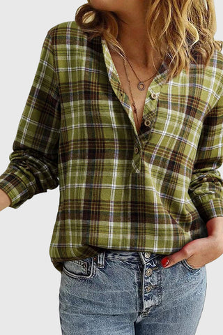 Plaid V-Neck Button-Front Long Sleeve Shirt