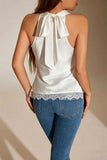 Satin Cowl Neck Lace Hem Tank