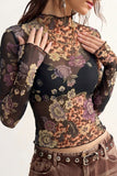 Sheer Floral Mock Neck Long Sleeve Blouse