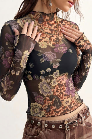 Sheer Floral Mock Neck Long Sleeve Blouse