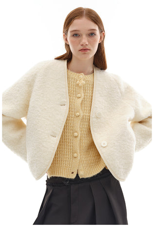 Button-Front Cropped Woolen Jacket