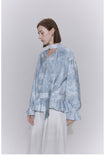 Pleated Long-Sleeve Blouse with Tie and Ruffled Hem