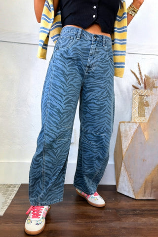 Zebra Print High-Waist Barrel Jeans