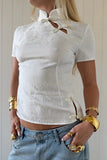 Frog Button Mock Neck Crop Blouse