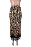 Leopard Print Lace Hem Midi Skirt