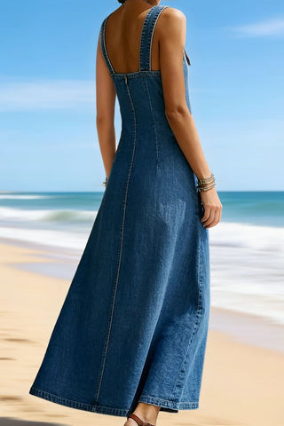 Button-Detail Denim Strap Maxi Dress