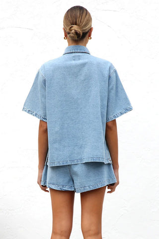 Pocket Button-Front Denim Short Set