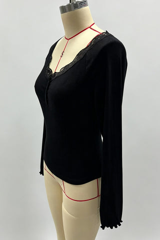 Lace Trim Ribbed Henley Long Sleeve Top