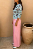 Sun Print Knit Cardigan and Wide-Leg Pants Set