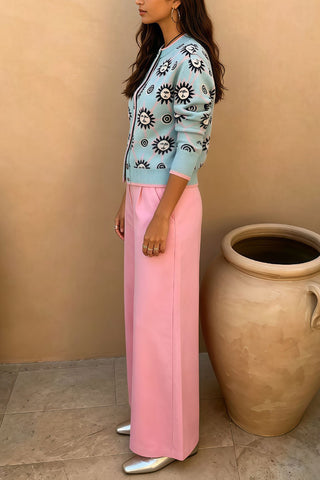 Sun Print Knit Cardigan and Wide-Leg Pants Set