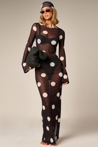 Sheer Polka Dot Bell Sleeve Maxi Dress