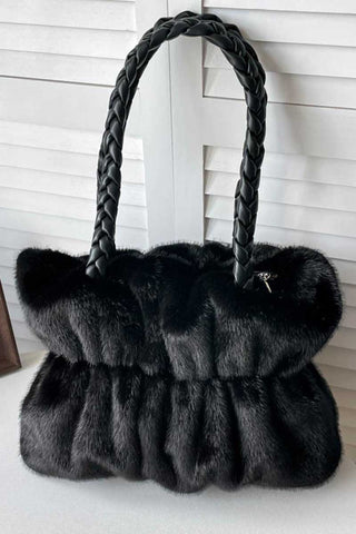 Braided Handle Faux Fur Tote Bag