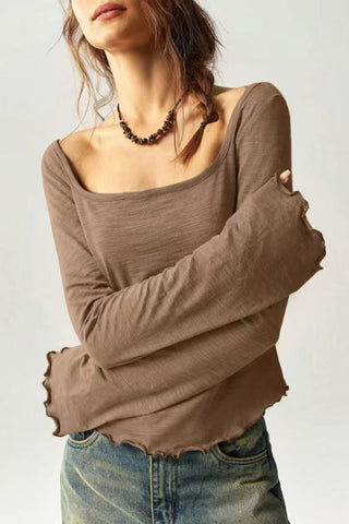 Square Neck Long Sleeve Ruffle Hem Top