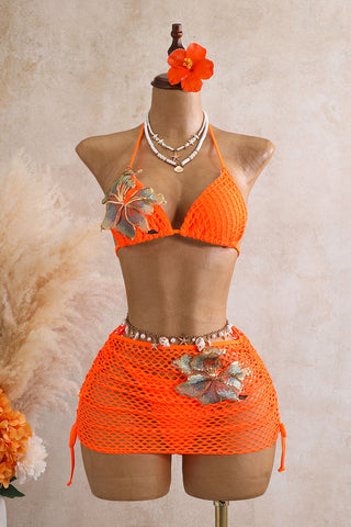Floral Applique Three-Piece Bikini Set