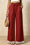 Ruffle Waist Lace-Trim Wide-Leg Pants
