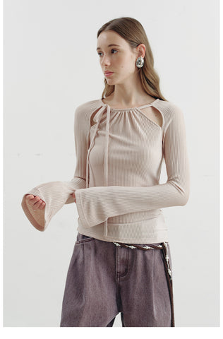 Bell Sleeve Ruched Tie-Neck Top