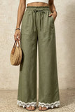 Ruffle Waist Lace-Trim Wide-Leg Pants