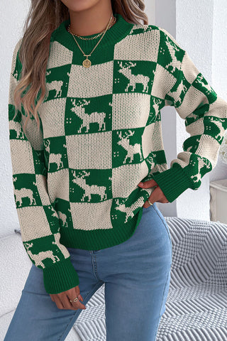 Reindeer Checkered Crew Neck Knit Sweater