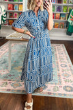 Patterned Button-Front Smocked Midi Dress