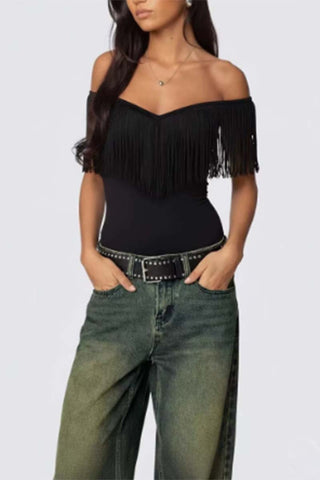 Fringe-Detail Off-Shoulder Tank Top
