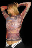 Printed Long-Sleeve Mesh Top