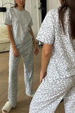 Leopard Print Crew Neck Pants Set
