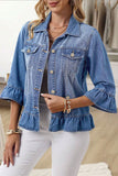 Ruffle Hem 3/4 Sleeve Denim Jacket