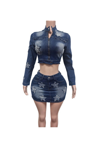 Star Applique Zip Crop Top and Mini Skirt Set
