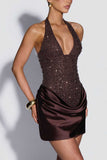 Sequin Halter Satin Mini Casual Dress
