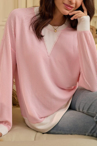 Textured V-Neck Color Block Sweatshirt