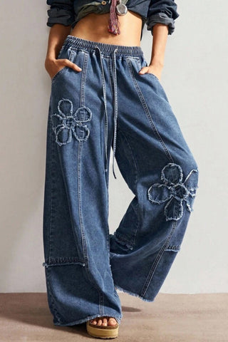 Distressed Flower Patch Wide Leg Jeans