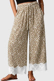 Leopard Print Lace Hem Wide-Leg Casual Pants