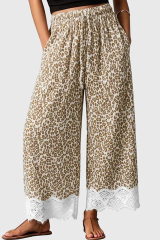 Leopard Print Lace Hem Wide-Leg Casual Pants