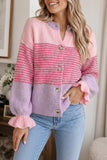 Striped Button-Front Ruffle Cuff Cardigan
