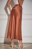 Satin Drawstring Waist Slip Midi Skirt