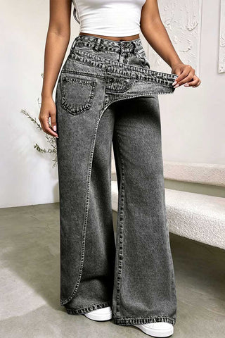 Asymmetric Waist Wide-Leg Baggy Jeans