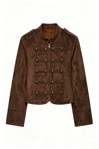 Military Button Mock Neck Cropped Jacket