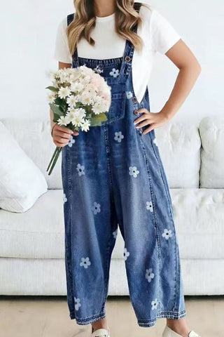 Floral Wide-Leg Denim Overalls