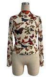 Butterfly Print Mock Neck Mesh Top