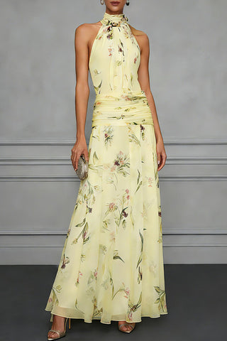 Floral Halter Ruched Maxi Dress