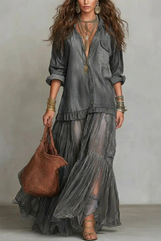 Boho Sheer Panel Maxi Shirt Dress